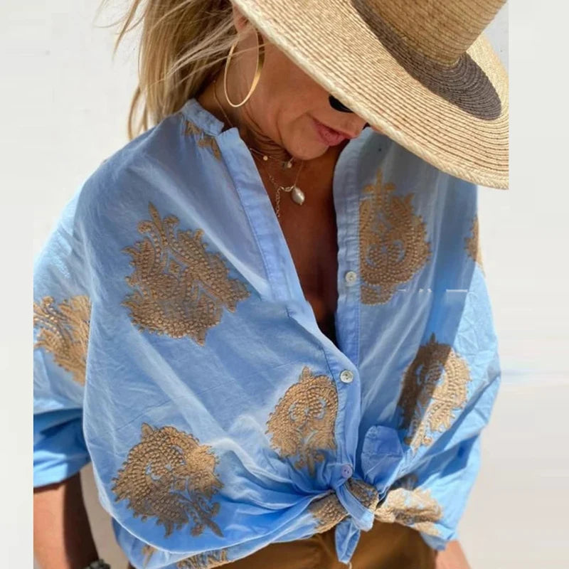 Autumn 3D Print Button-Up Shirt