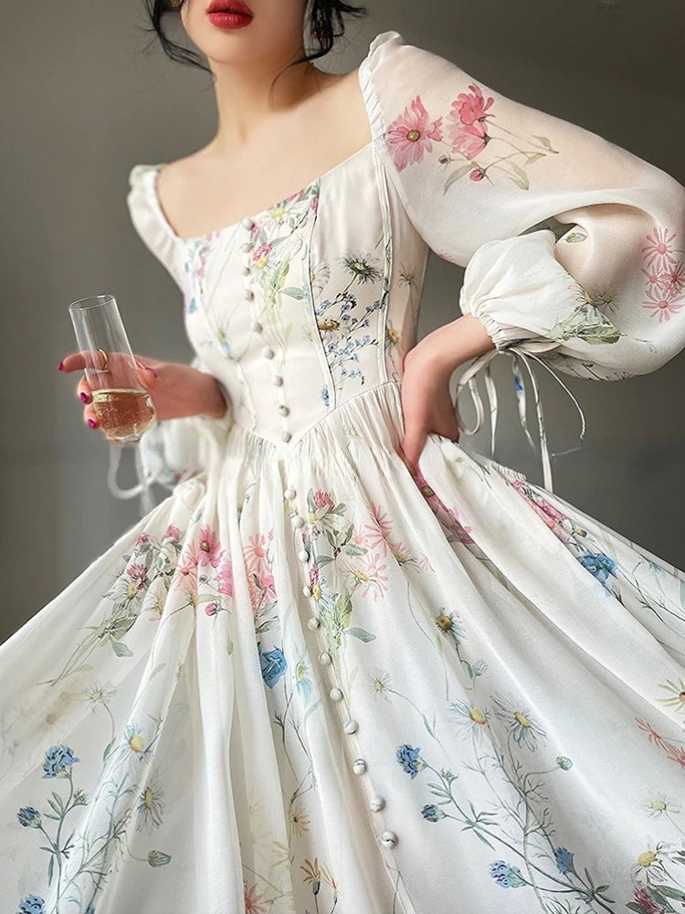 Vintage Square Neck Floral Dress