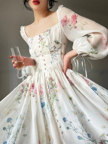 Vintage Square Neck Floral Dress