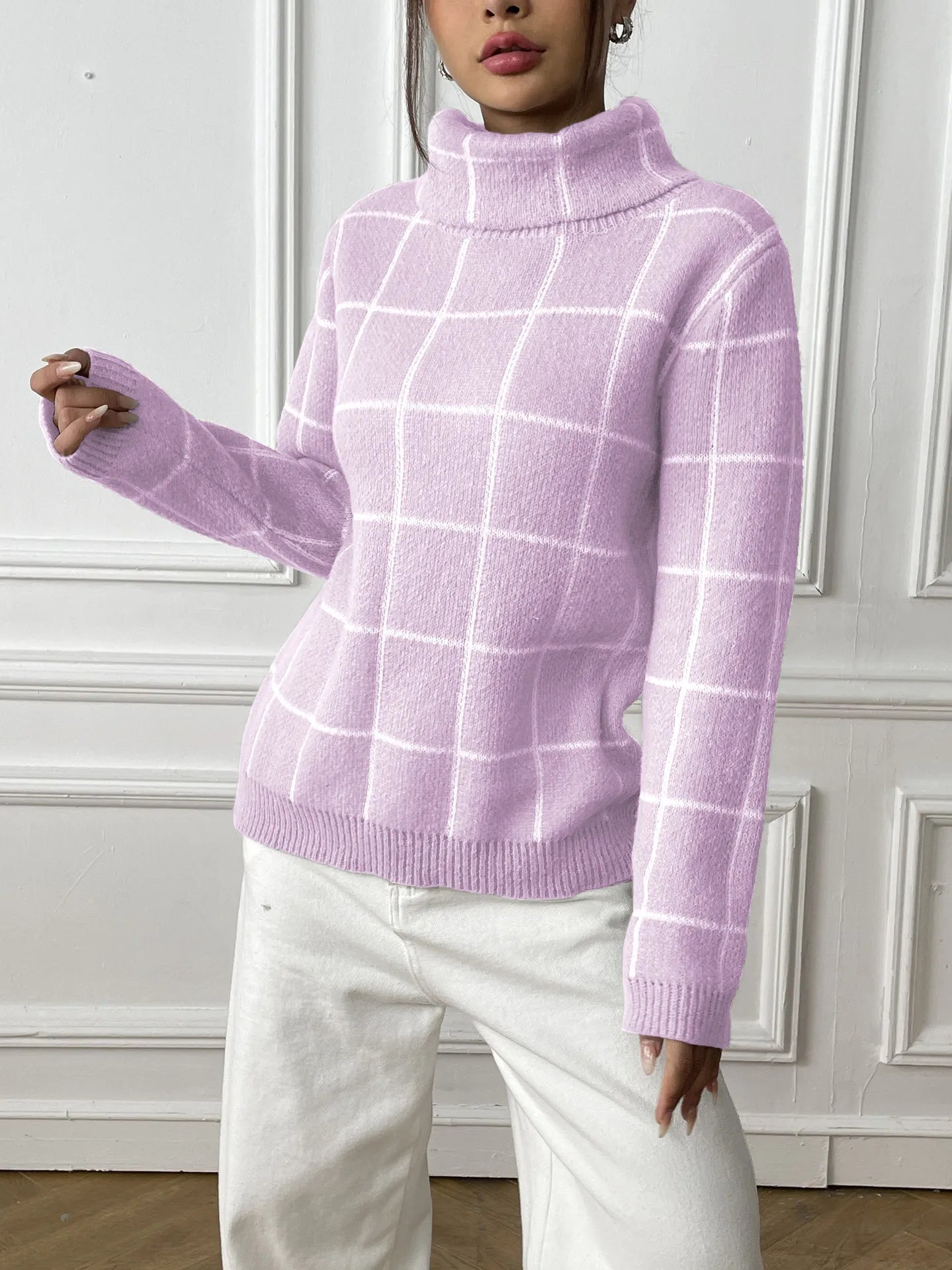 Plaid Muse Turtleneck Knit Sweater