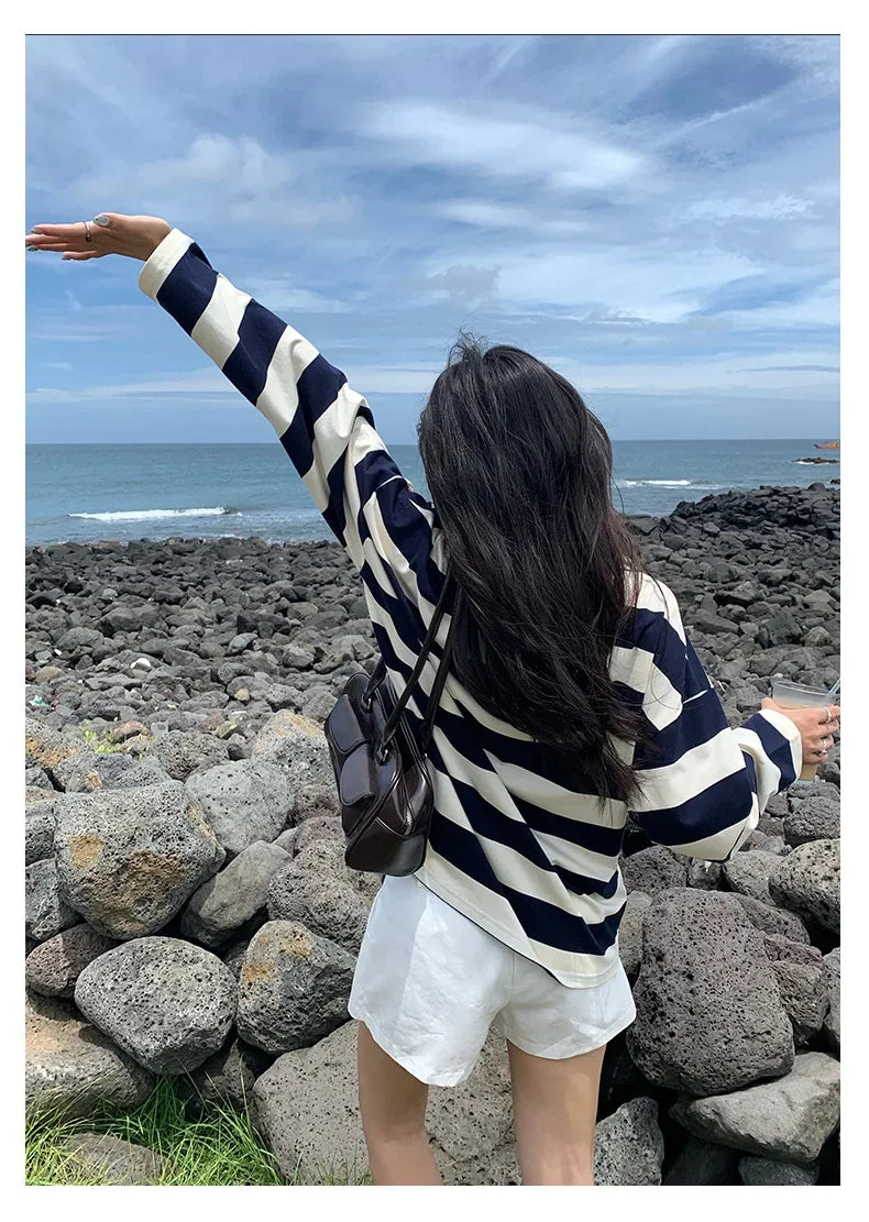 Loose Fit Striped Polo Sweatshirt