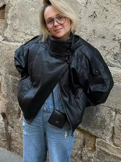 Women's Faux Leather Jacket – Loose Fit Stand Collar Winter Coat