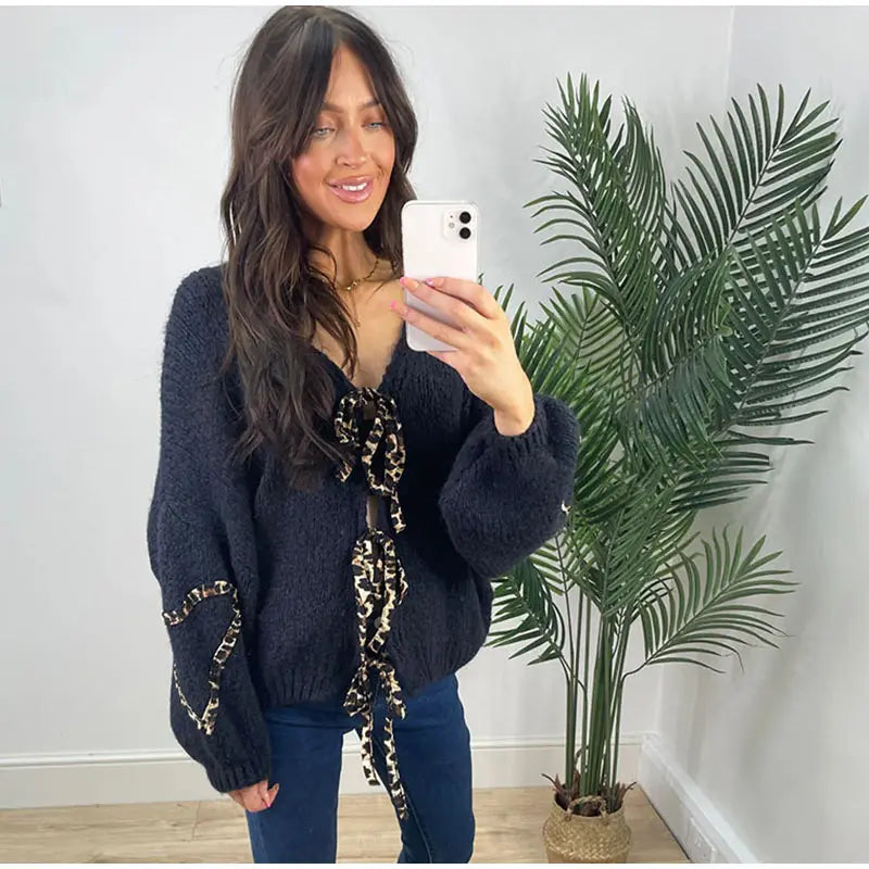 Leopard Lace-Up V-Neck Cardigan