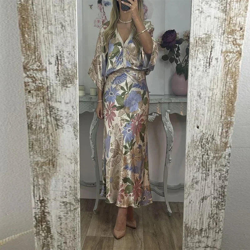 Sophisticated Printed V-Neck Skirt Set