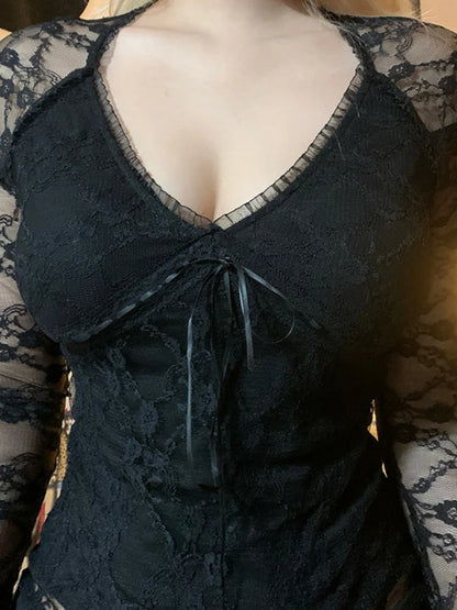 Goth Lace Sheer Patchwork Crop Top