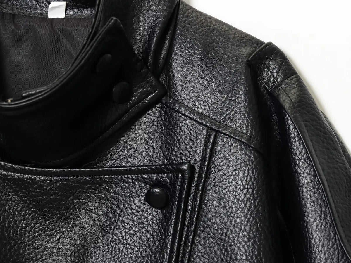 Women's Faux Leather Jacket – Loose Fit Stand Collar Winter Coat