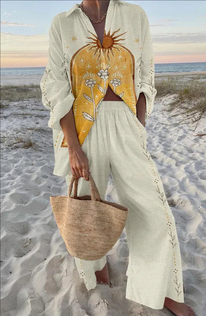 Tropical Print Lace-Up Pant Set