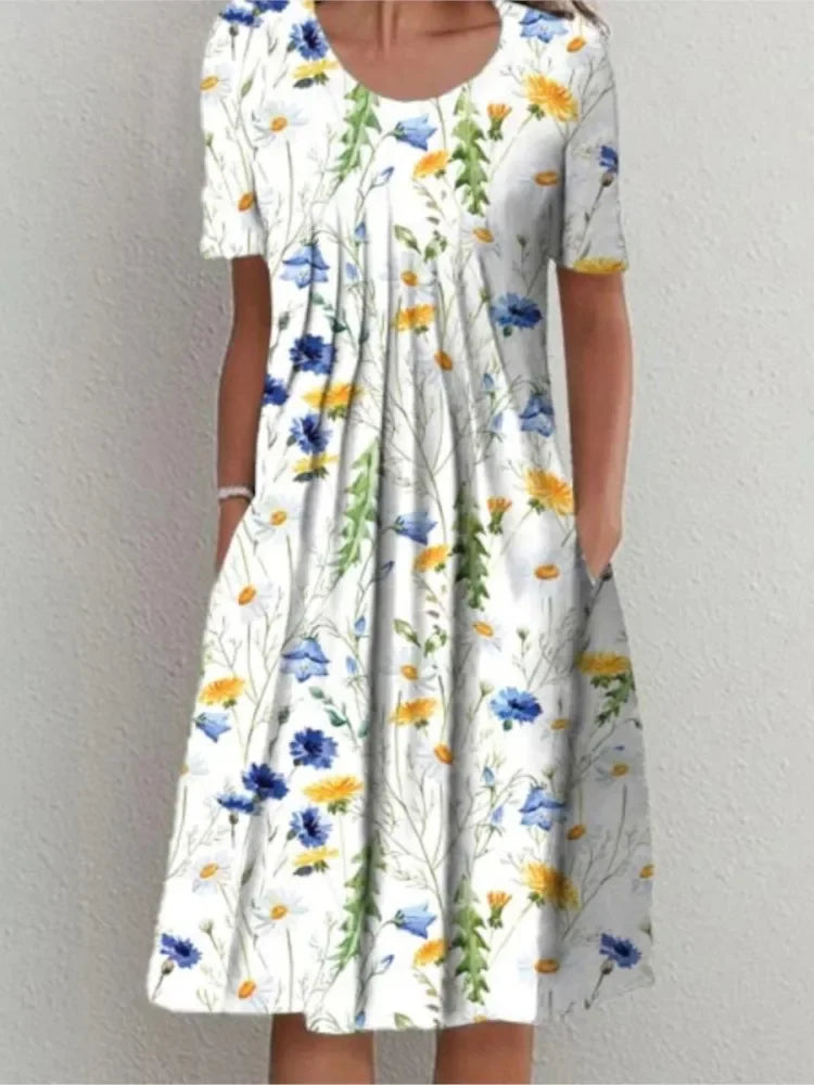 Floral A-line Round Neck Home Dress