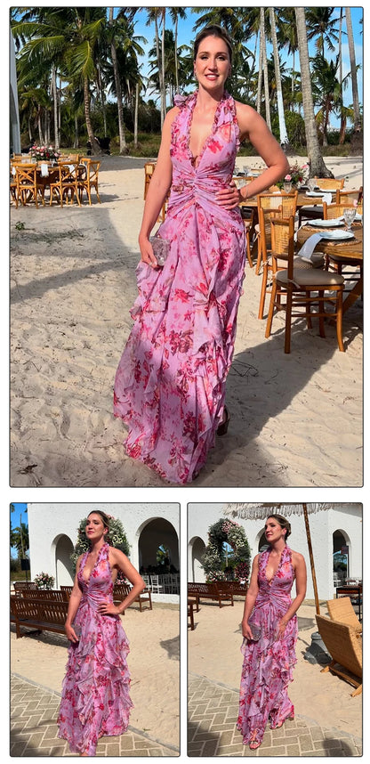 Rose Radiance Halter Slit Gown