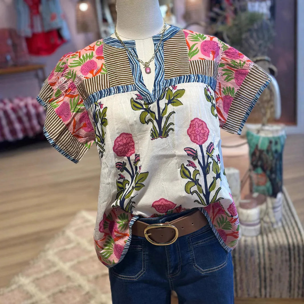 Floral Splice V Neck Casual Tee