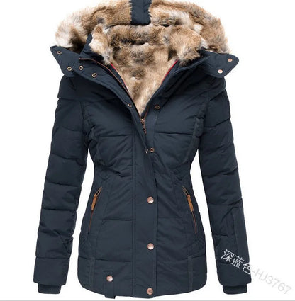 Autumn Winter Plush Lining Hooded Cotton Jacket
