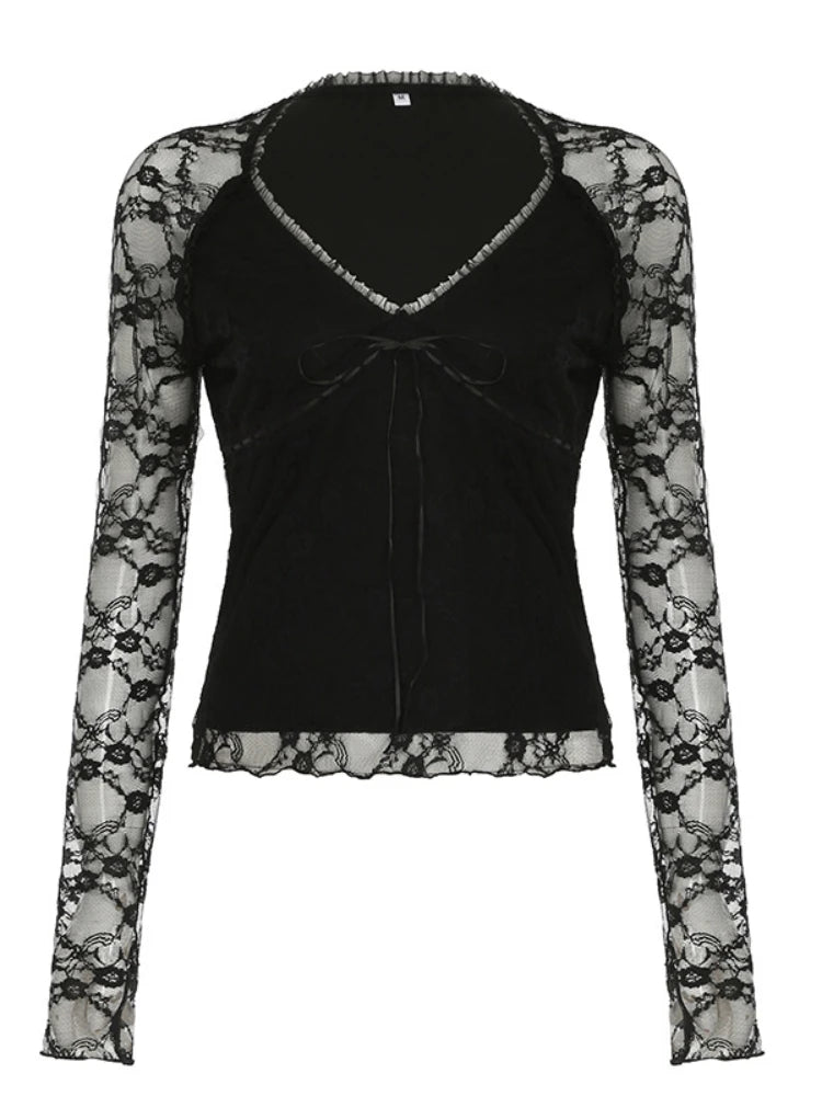 Goth Lace Sheer Patchwork Crop Top