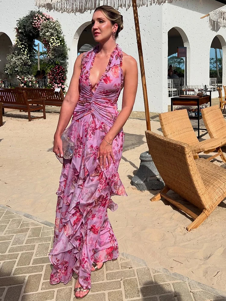 Rose Radiance Halter Slit Gown
