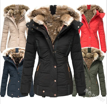 Autumn Winter Plush Lining Hooded Cotton Jacket