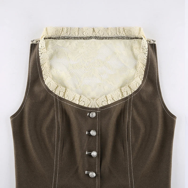 Fairy Core Lace Patchwork Denim Vest
