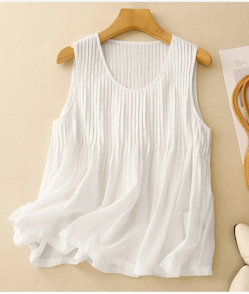 Pleated Cotton Linen Vest Top