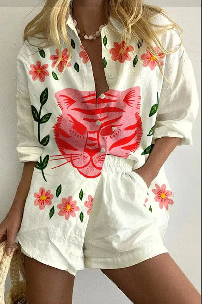 Printed Button Shirt and Shorts Set