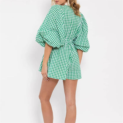Plaid Charm V-Neck Summer Romper