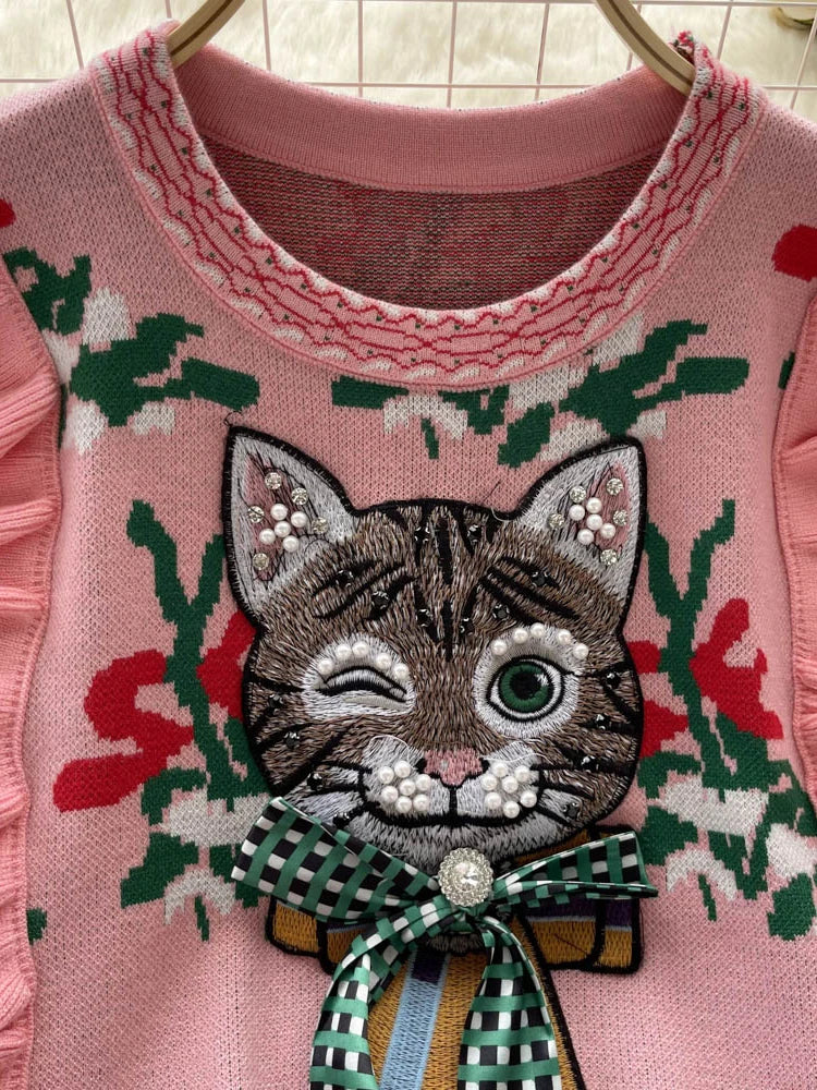 Whimsical Charm Cat Embroidered Sweater