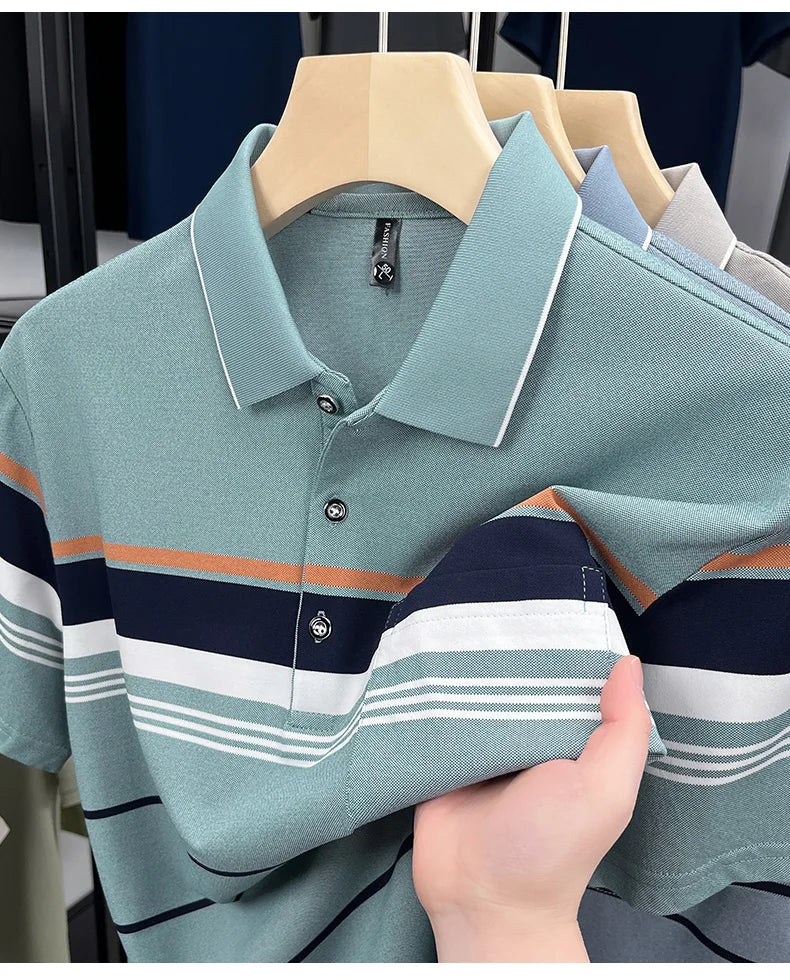 Luxury Color-Block Striped Polo Shirt