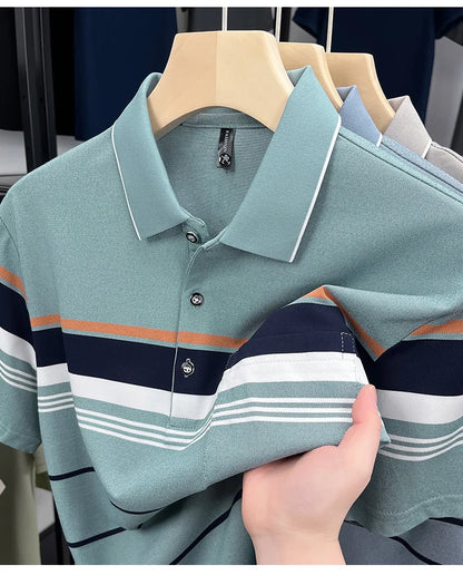 Luxury Color-Block Striped Polo Shirt