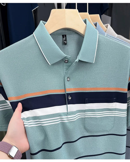 Luxury Color-Block Striped Polo Shirt