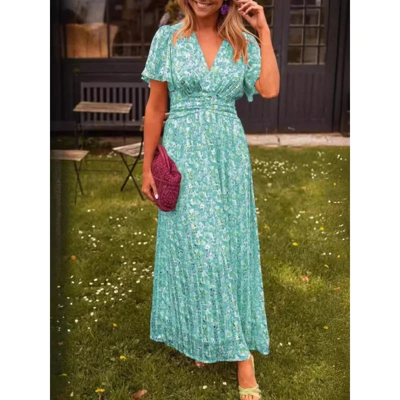 Elegant Floral V-neck Beach Dress