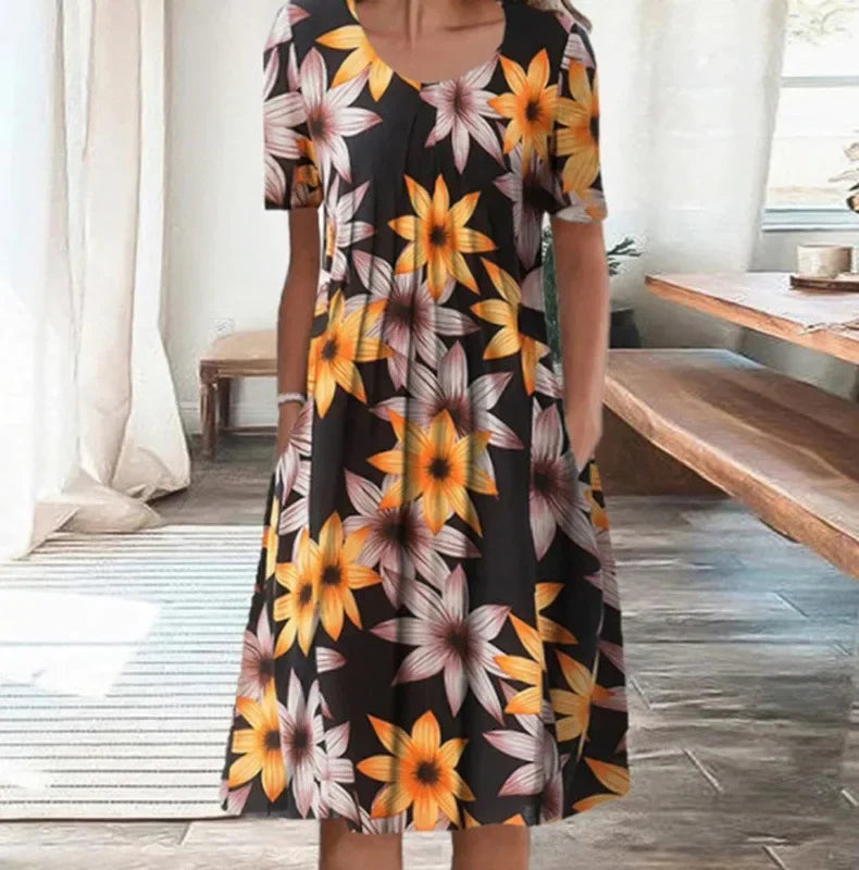 Floral A-line Round Neck Home Dress
