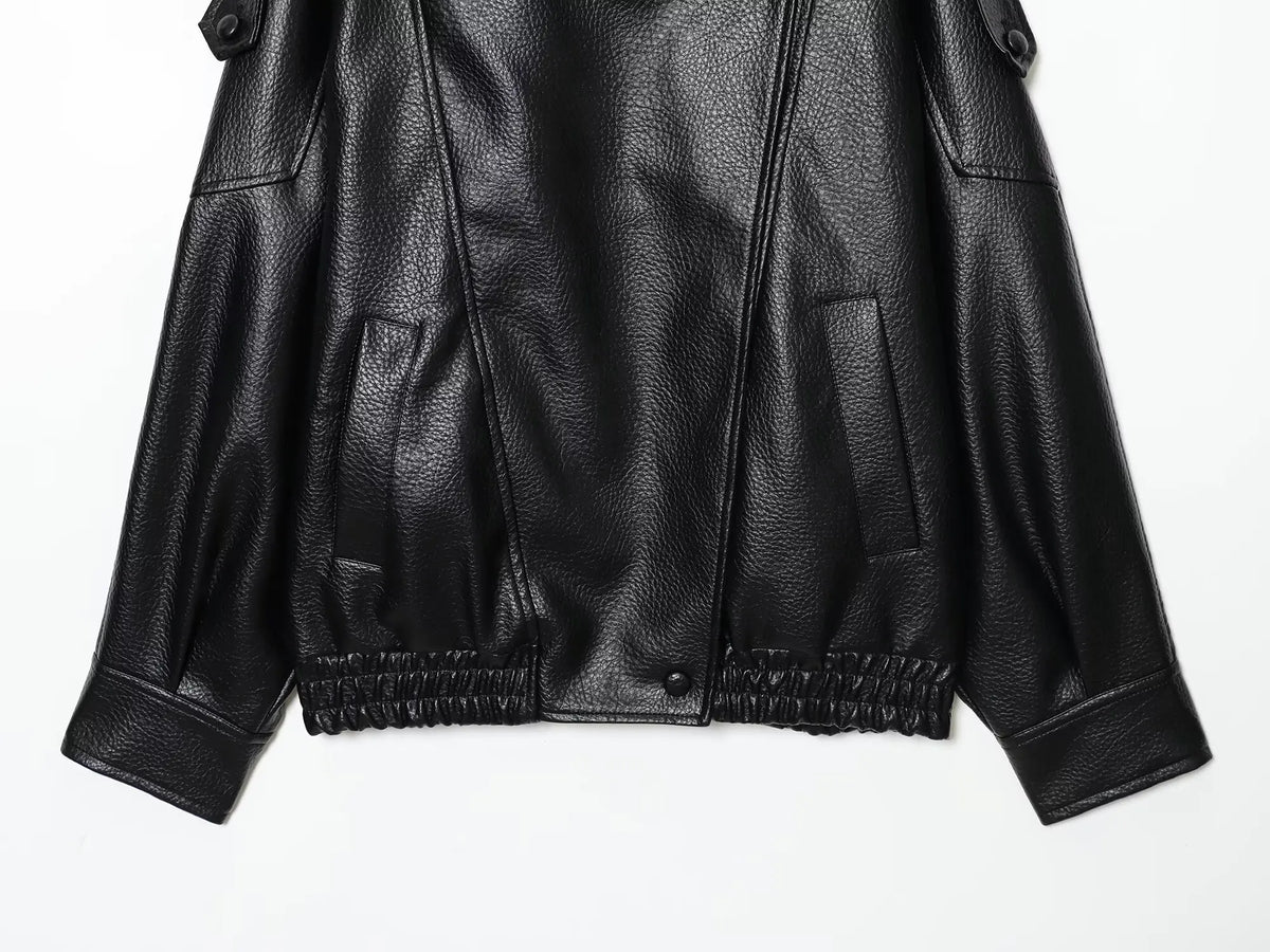 Women's Faux Leather Jacket – Loose Fit Stand Collar Winter Coat