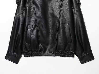 Women's Faux Leather Jacket – Loose Fit Stand Collar Winter Coat