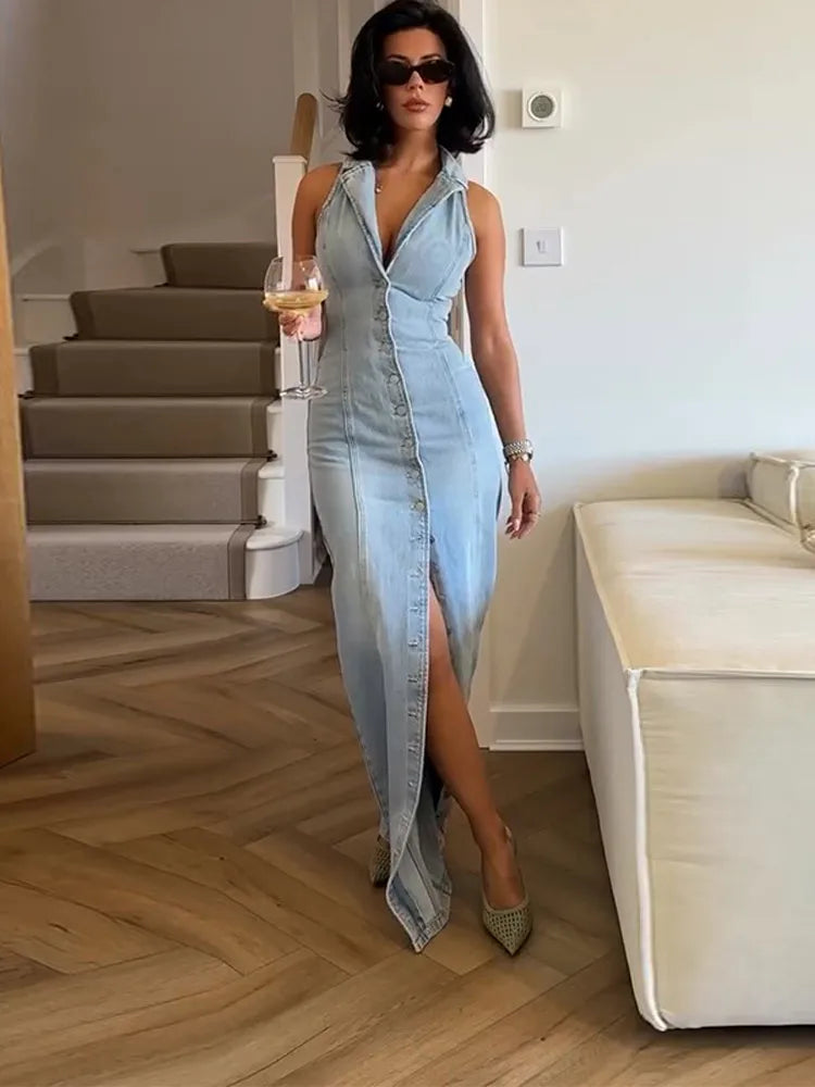 Urban Edge Denim Slit Maxi Dress