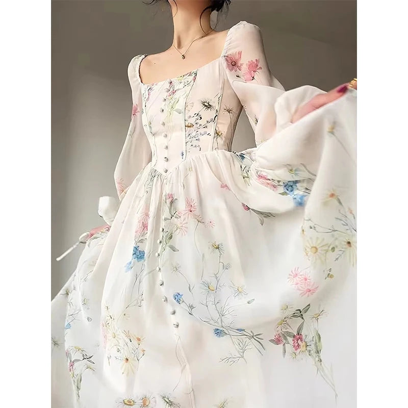 Vintage Square Neck Floral Dress
