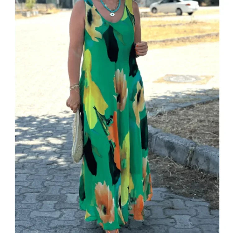 Silken Bloom U-Neck Maxi Dress