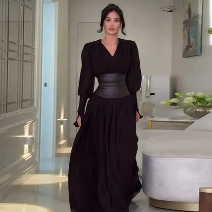 Elegant Waist-Cinch V-Neck Maxi Dress