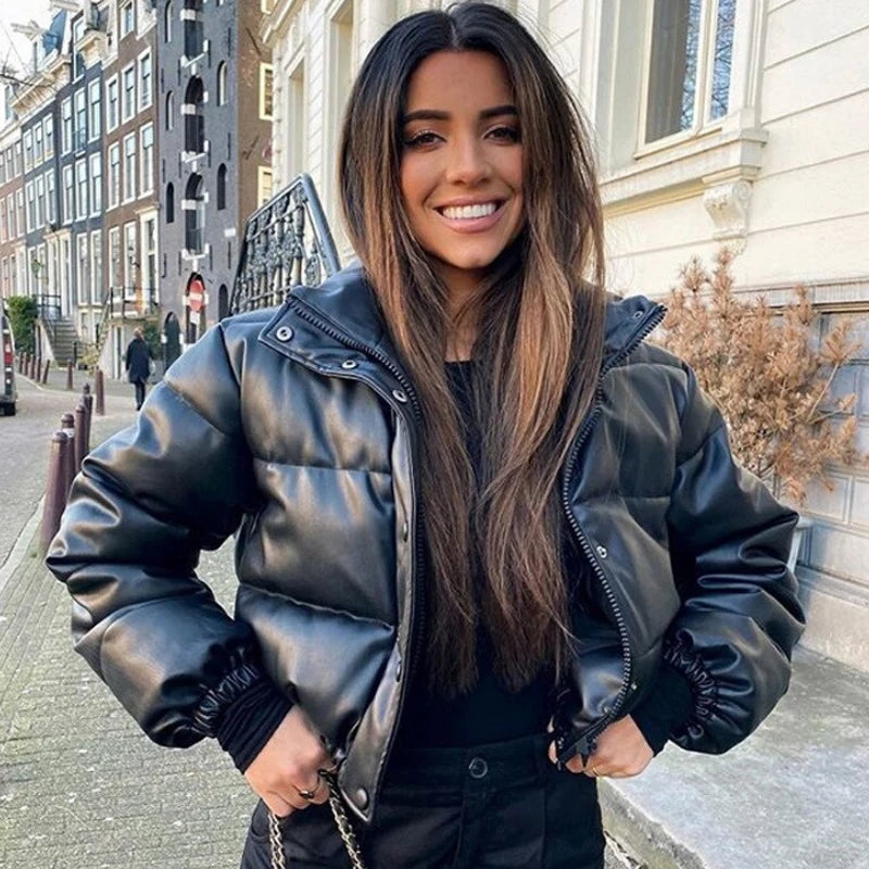 Luxe Frost Short PU Puffer Jacket