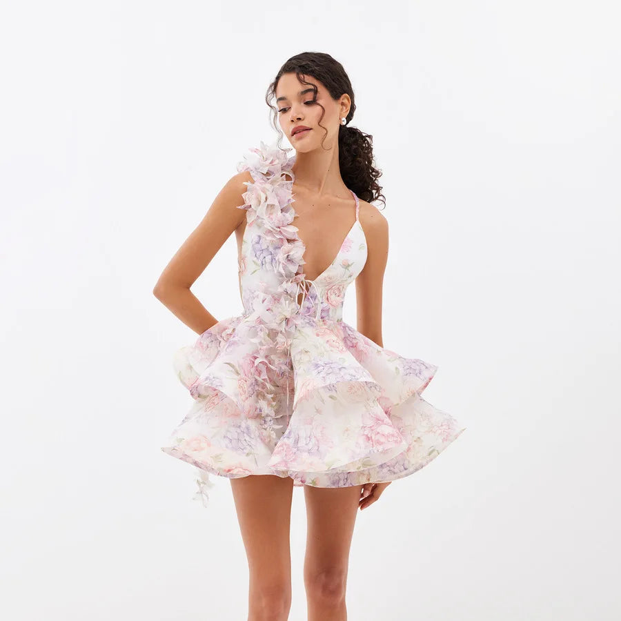 3D Floral Backless Halter Dress