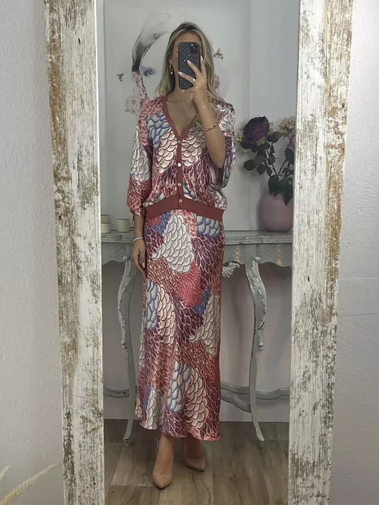 Sophisticated Printed V-Neck Skirt Set