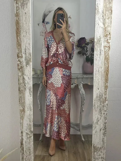 Sophisticated Printed V-Neck Skirt Set