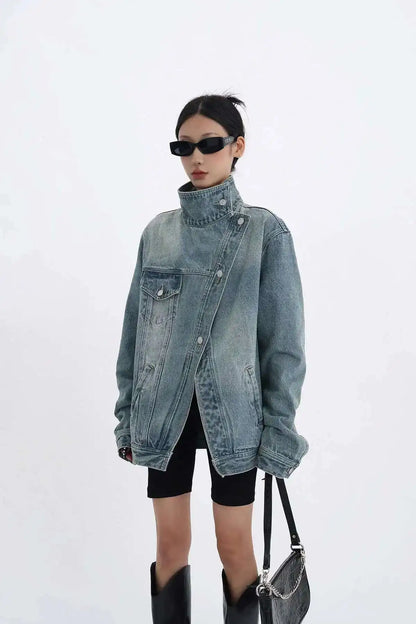 Denim Charm Patchwork Turtleneck Coat