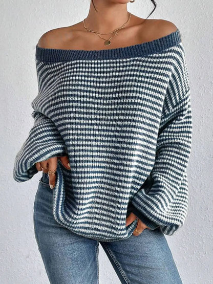 Stripe Lace Lantern Sleeve Knit Top