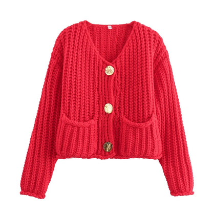 V-Neck Buckle Knit Cardigan
