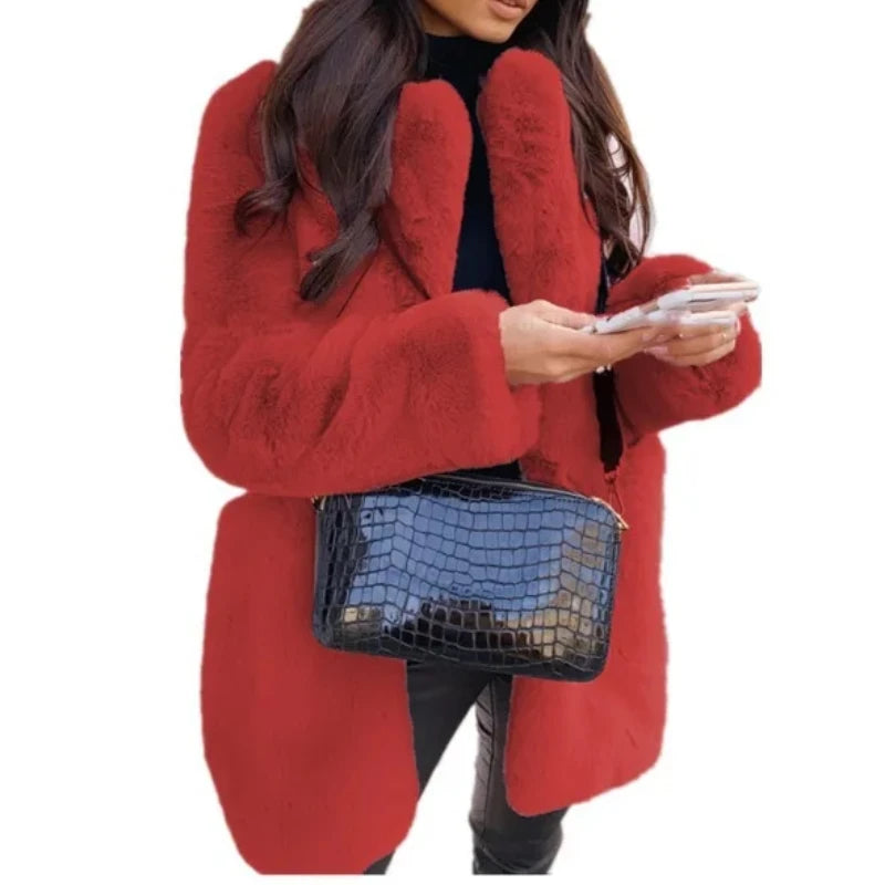 Woven Block Long Faux Fur Coat