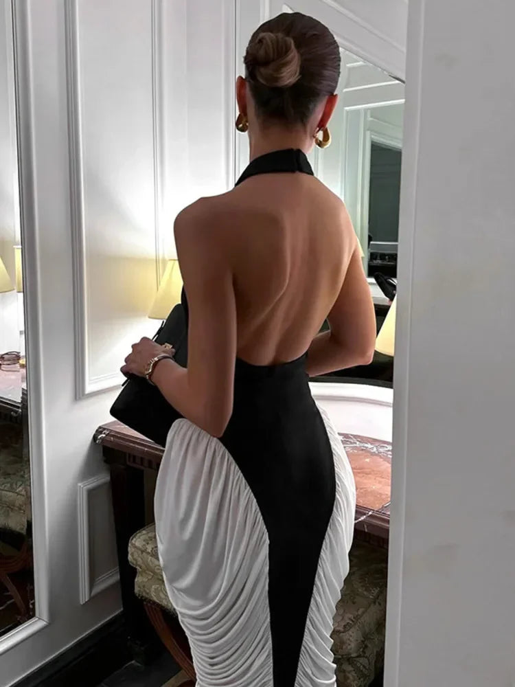 Elegant Patchwork Halter Midi Dress