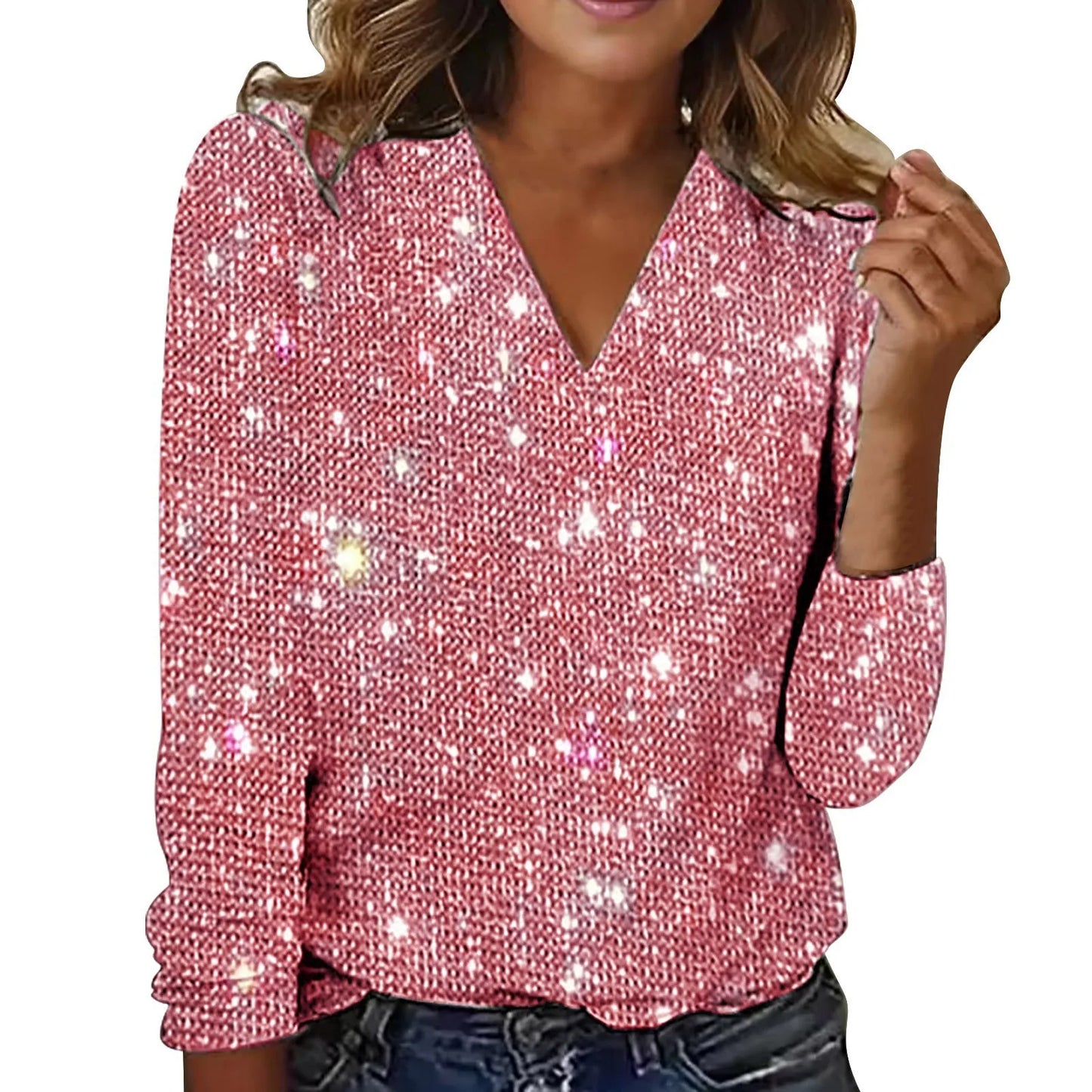 Elegant Women’s Sequin V-Neck Blouse