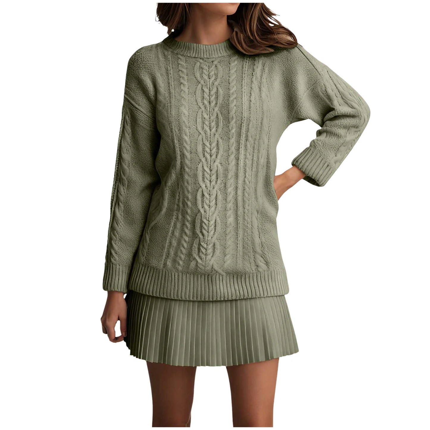 Women’s Twist Knit Sweater Dress — Retro O-Neck