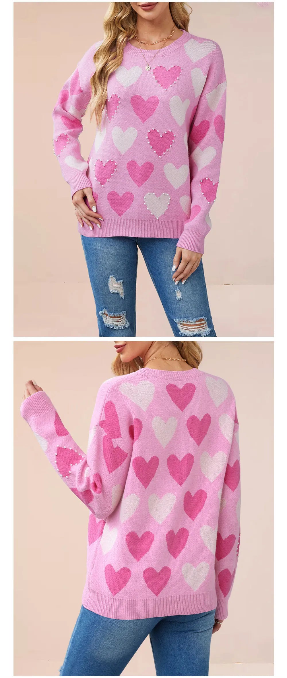 Pearl Heart Beaded Knit Pullover Sweater