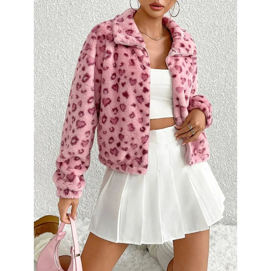 Love Spots Leopard Plush Zipper Jacket