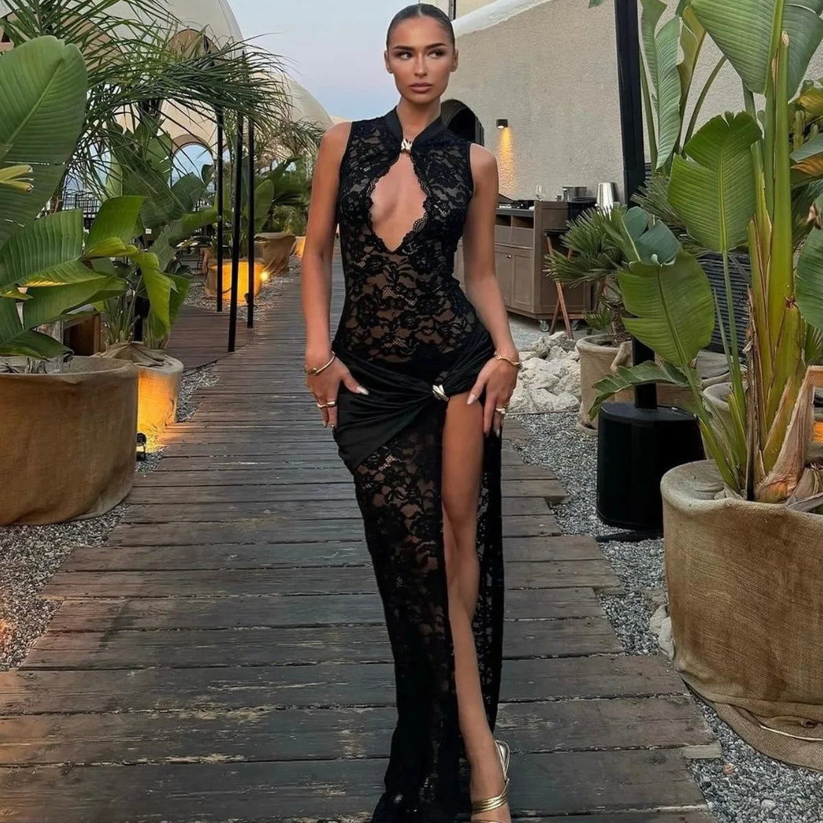 Sexy Lace High Slit Maxi Dress