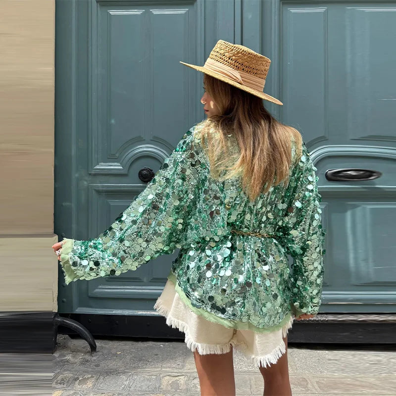 Sequin Lace-Up V-Neck Cardigan
