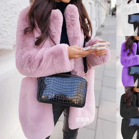 Woven Block Long Faux Fur Coat